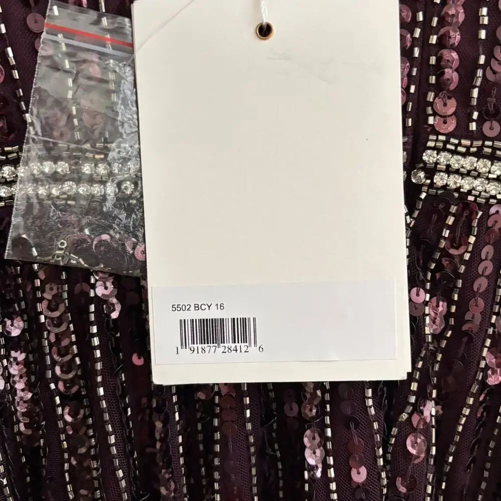 Mac Duggal Sequined Wrap Over Ruffled Cap Sleeve Gown Bu4gundy 16 NWT Style 5502